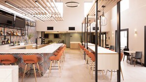 A modern bar area with a long counter, multiple bar stools, and a variety of bottles on shelves. - Holiday Inn Santa Ana-Orange Co. Arpt by IHG (Santa Ana)