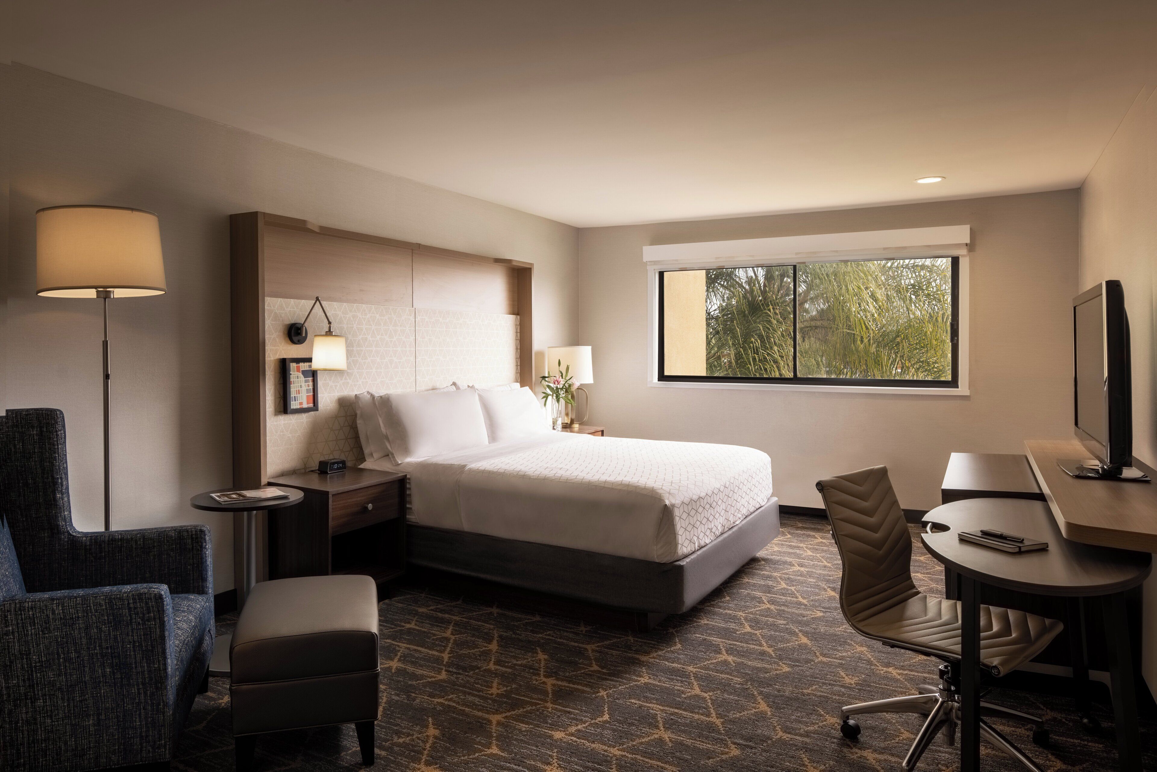 A hotel room with a bed, a desk, a chair, a lamp, a TV, and a window with a view of trees.