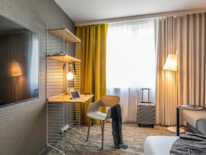 Premium bedding, desk, blackout curtains, soundproofing