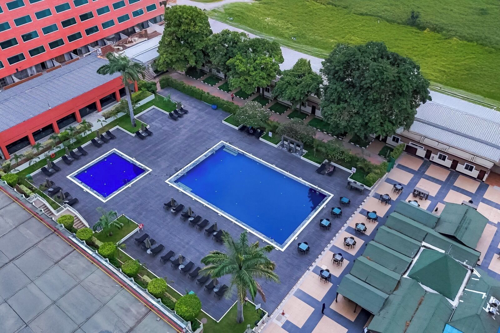 Outdoor pool, pool umbrellas, pool loungers