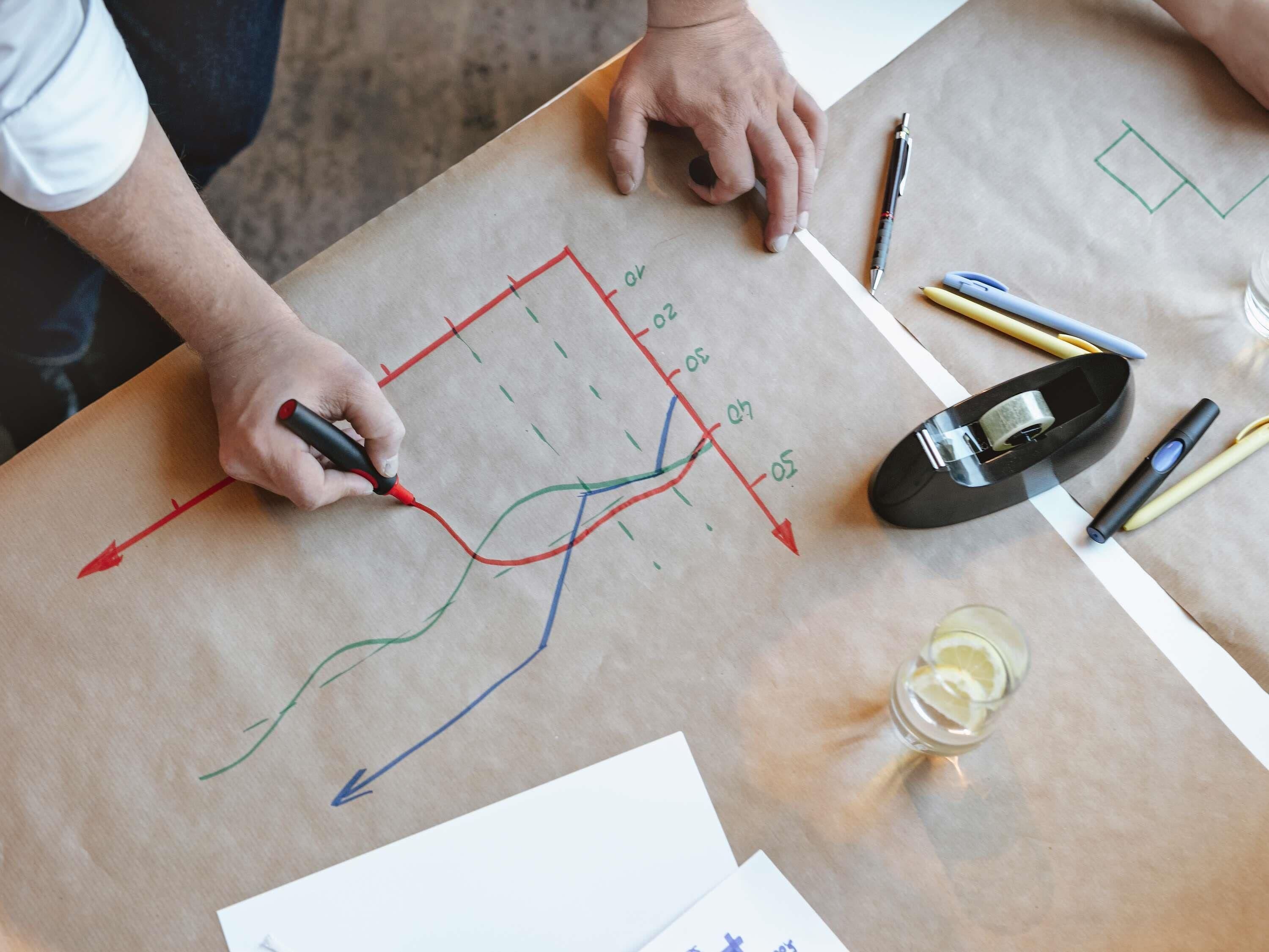 A person drawing a graph on paper with a red marker, surrounded by writing instruments and a tape dispenser.