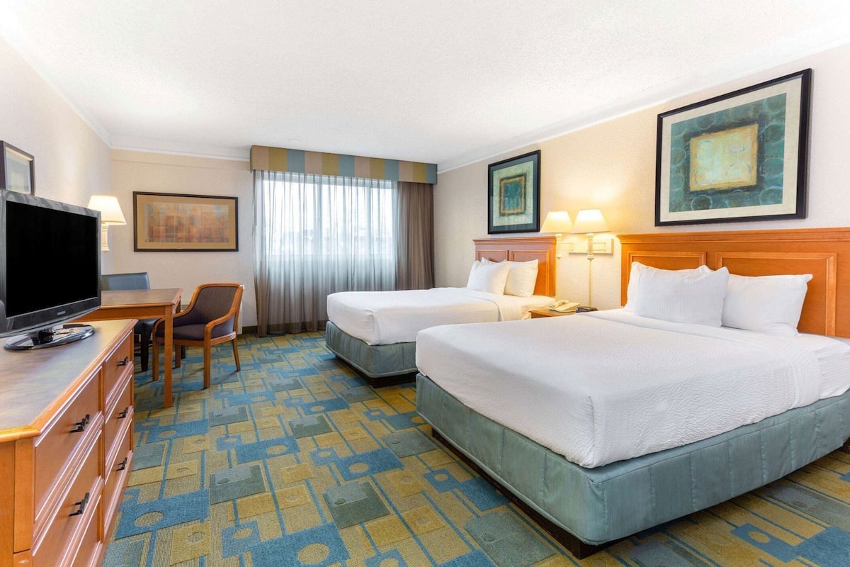 A hotel room with two beds, a desk with a television, a chair, and a patterned carpet.