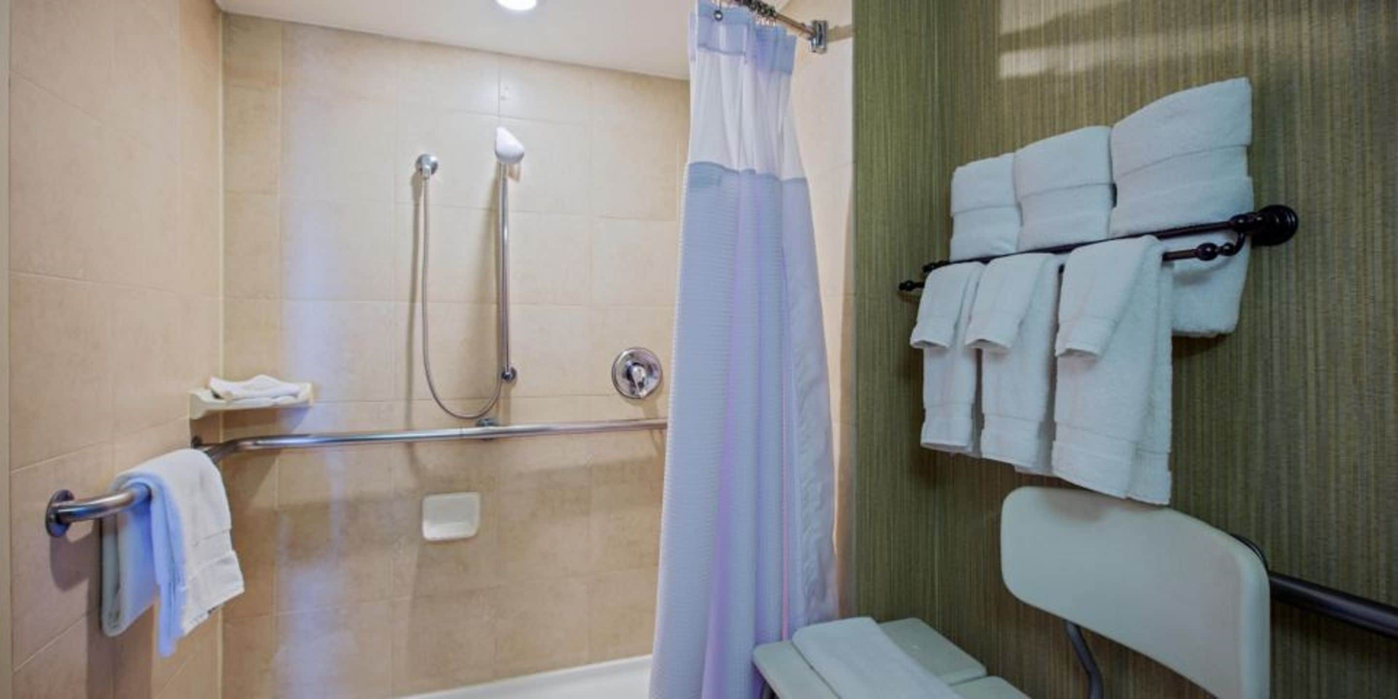 standard room, 1 king bed, mobility accessible (roll-in shower) | bathroom | free toiletries, hair dryer, slippers, towels