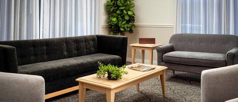 A living room with a dark grey sofa, a light grey armchair, a wooden coffee table with a plant, and a magazine.