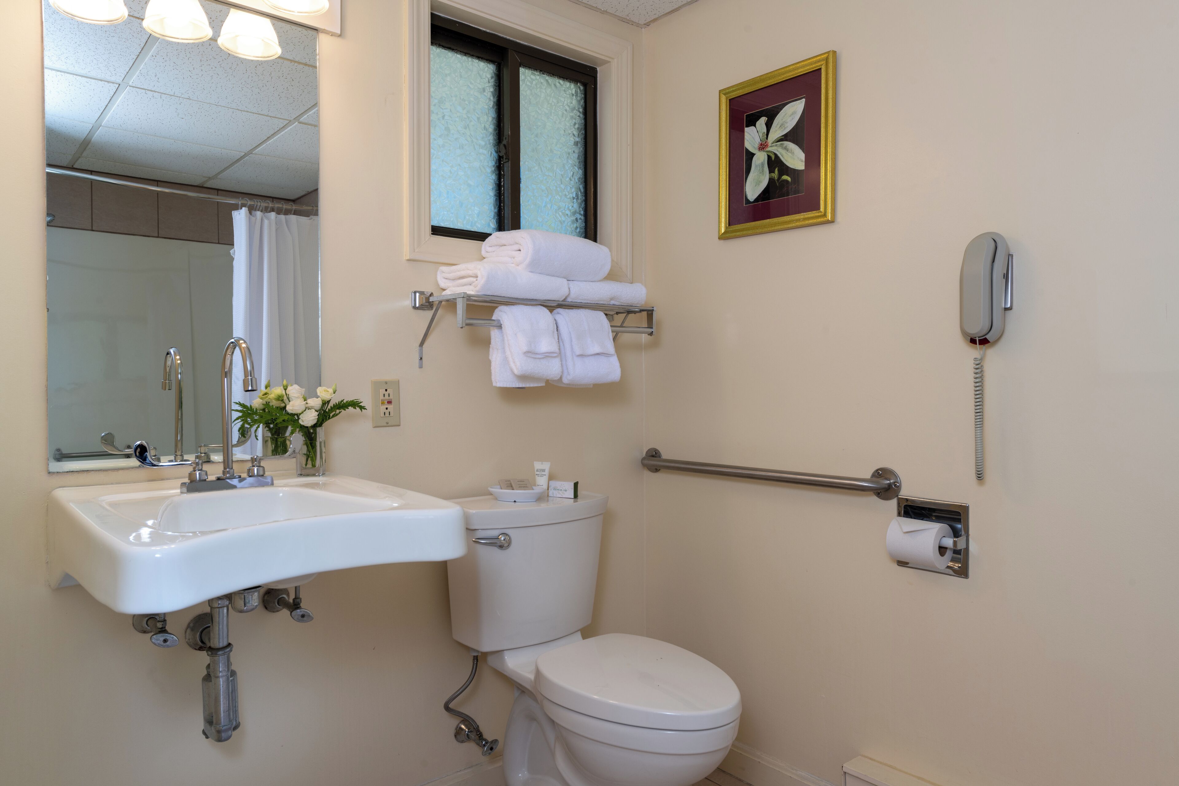 A bathroom with a sink, toilet, and a towel rack.
