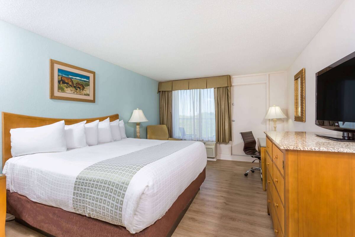 Een hotelkamer met een groot bed, een bureau met een televisie, een stoel en een raam met gordijnen.