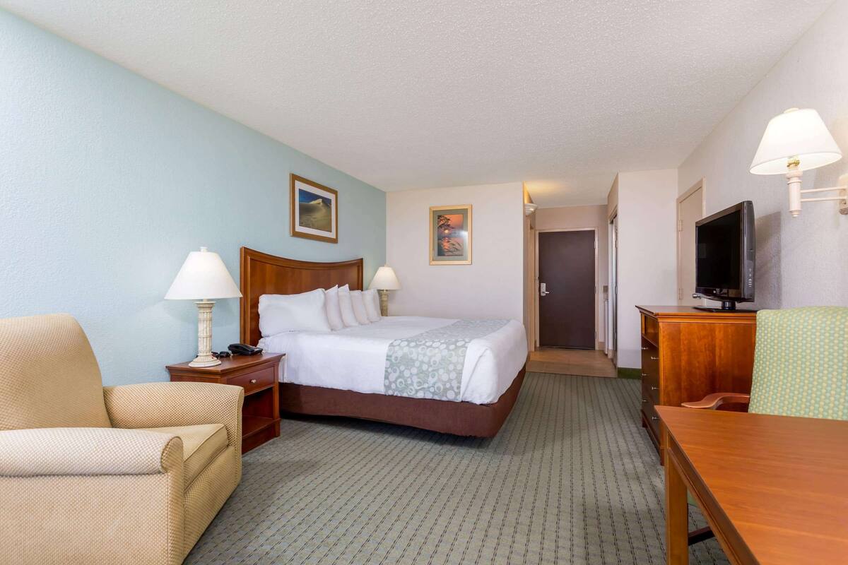 Een hotelkamer met een bed, een stoel, een bureau, een televisie en een deur.