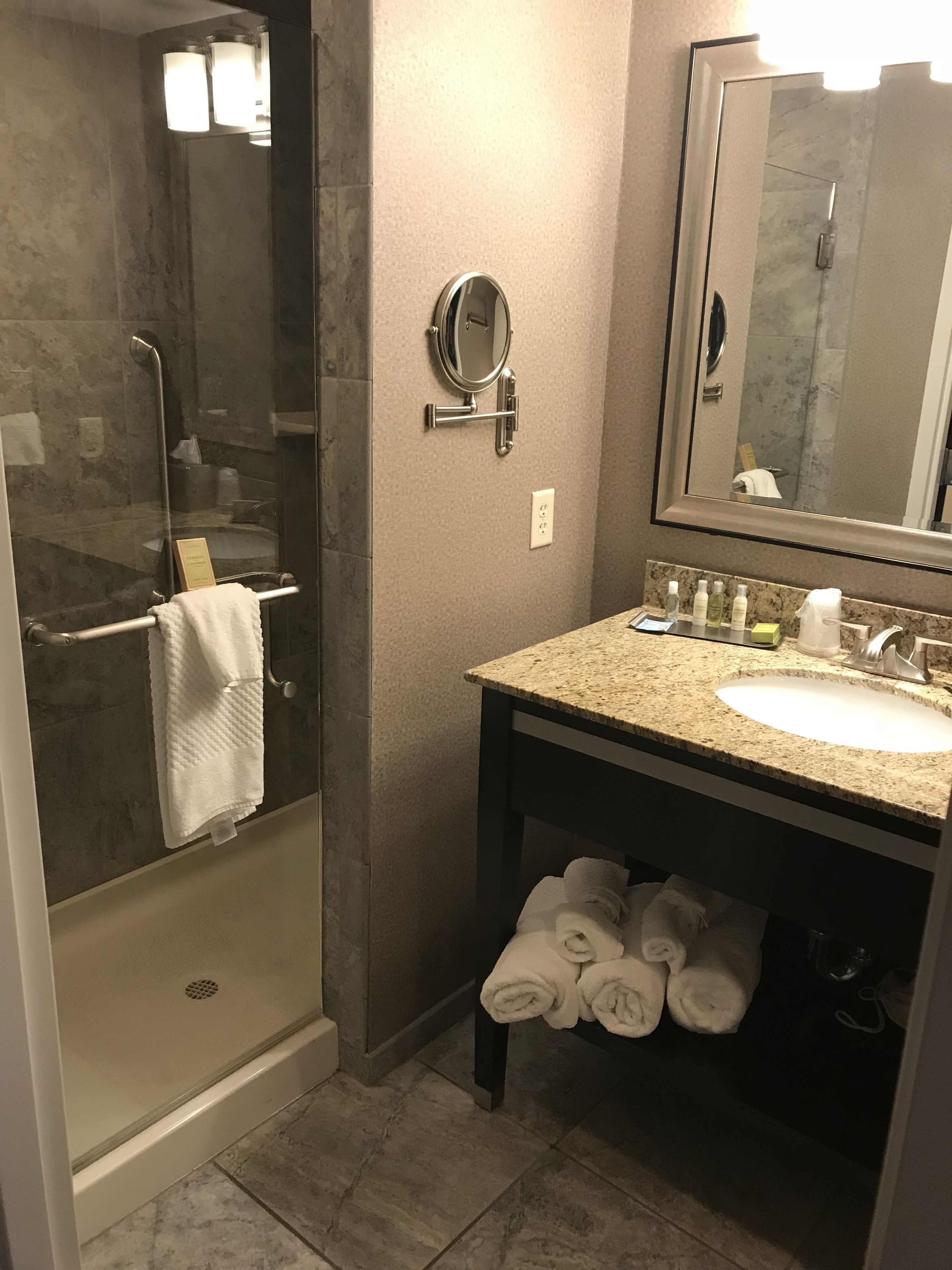 combined shower/bathtub, free toiletries, hair dryer, towels