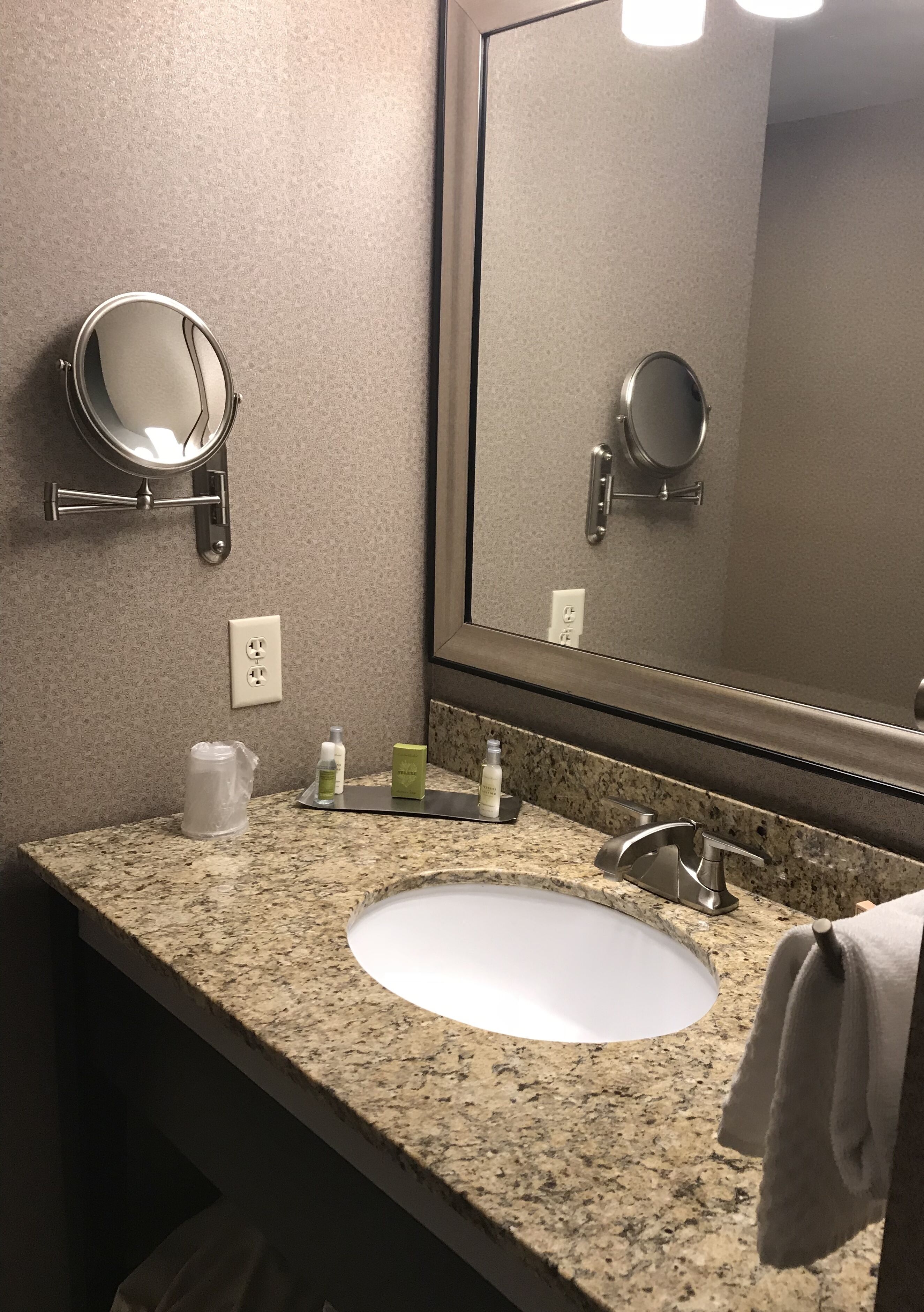 combined shower/bathtub, free toiletries, hair dryer, towels