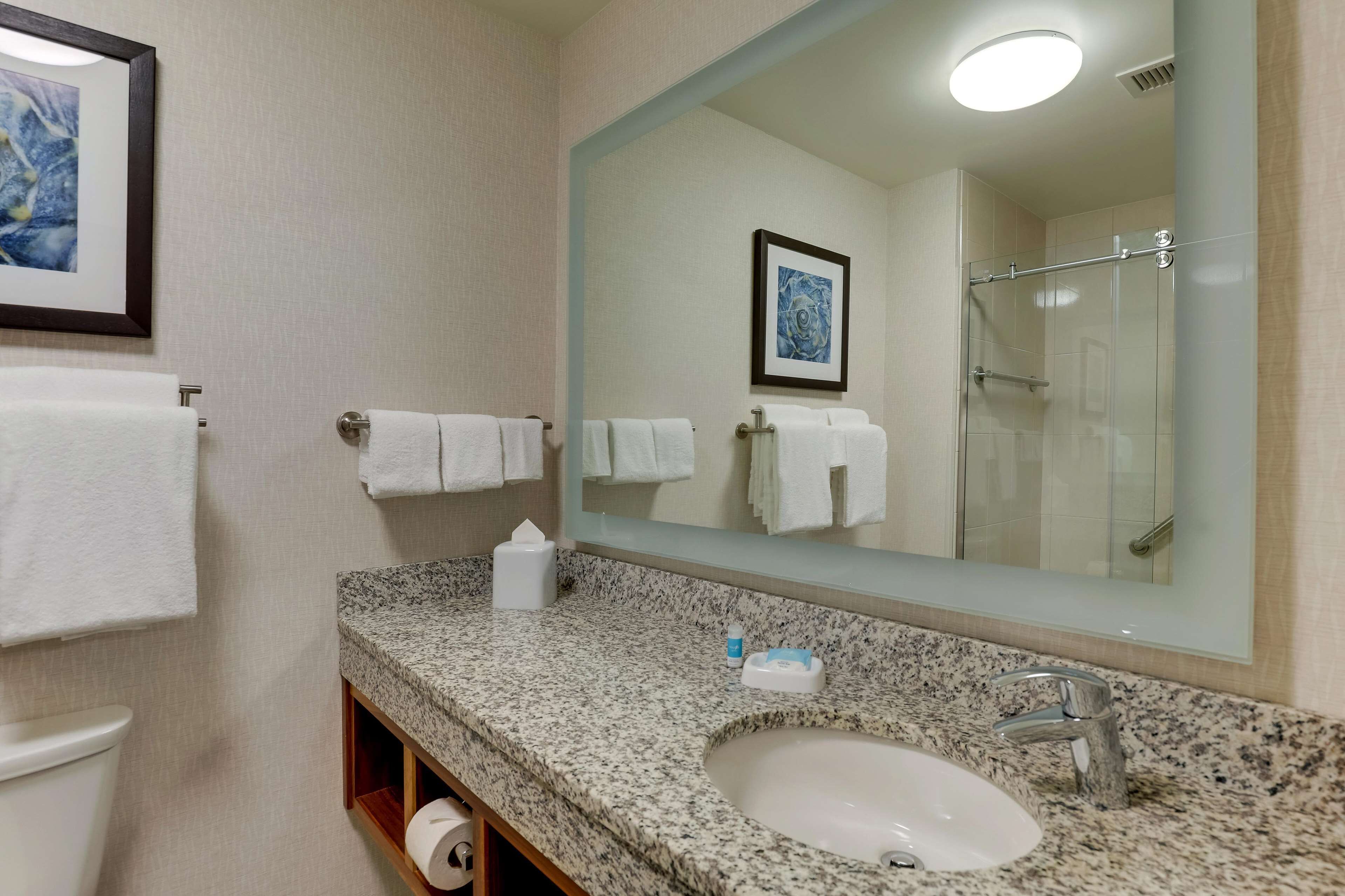 A bathroom with a granite countertop, white sink, and a large mirror reflecting a shower area.