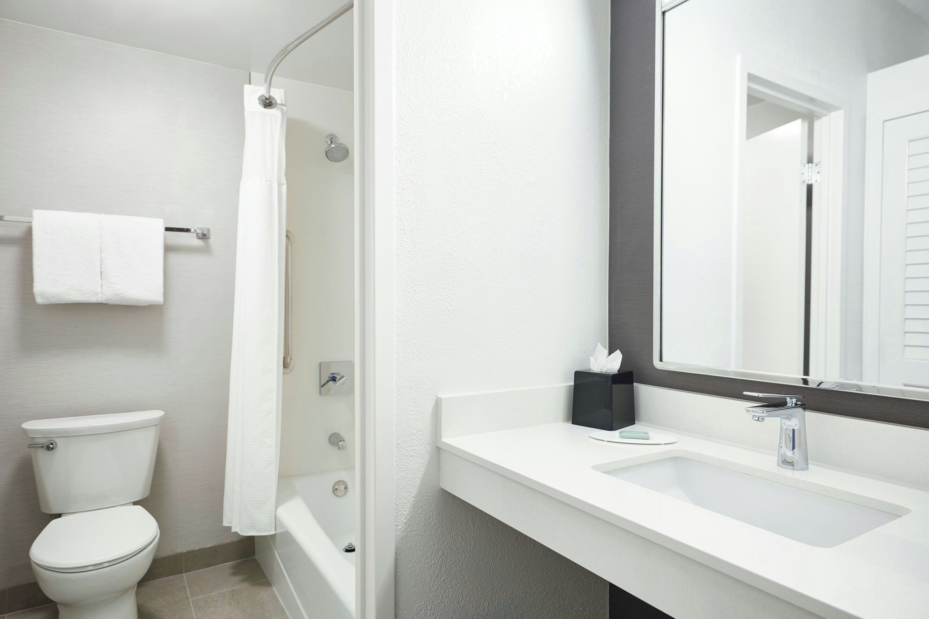 combined shower/bathtub, free toiletries, hair dryer, towels