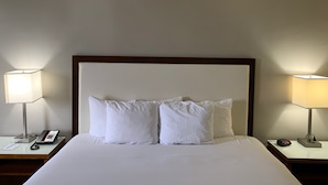A hotel room with a large bed, two bedside lamps, a bedside phone, and a clock on the nightstand. - Clarion Hotel Fort Mill Near Amusement Park (Fort Mill)