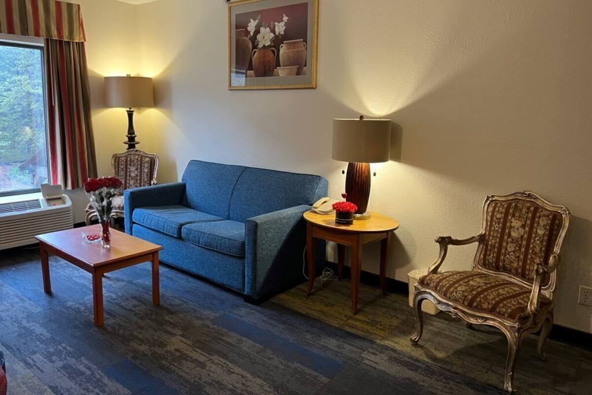 Ein Wohnzimmer mit einem blauen Sofa, einem Holztisch, einem gemusterten Sessel, einer Lampe und einem gerahmten Bild an der Wand.