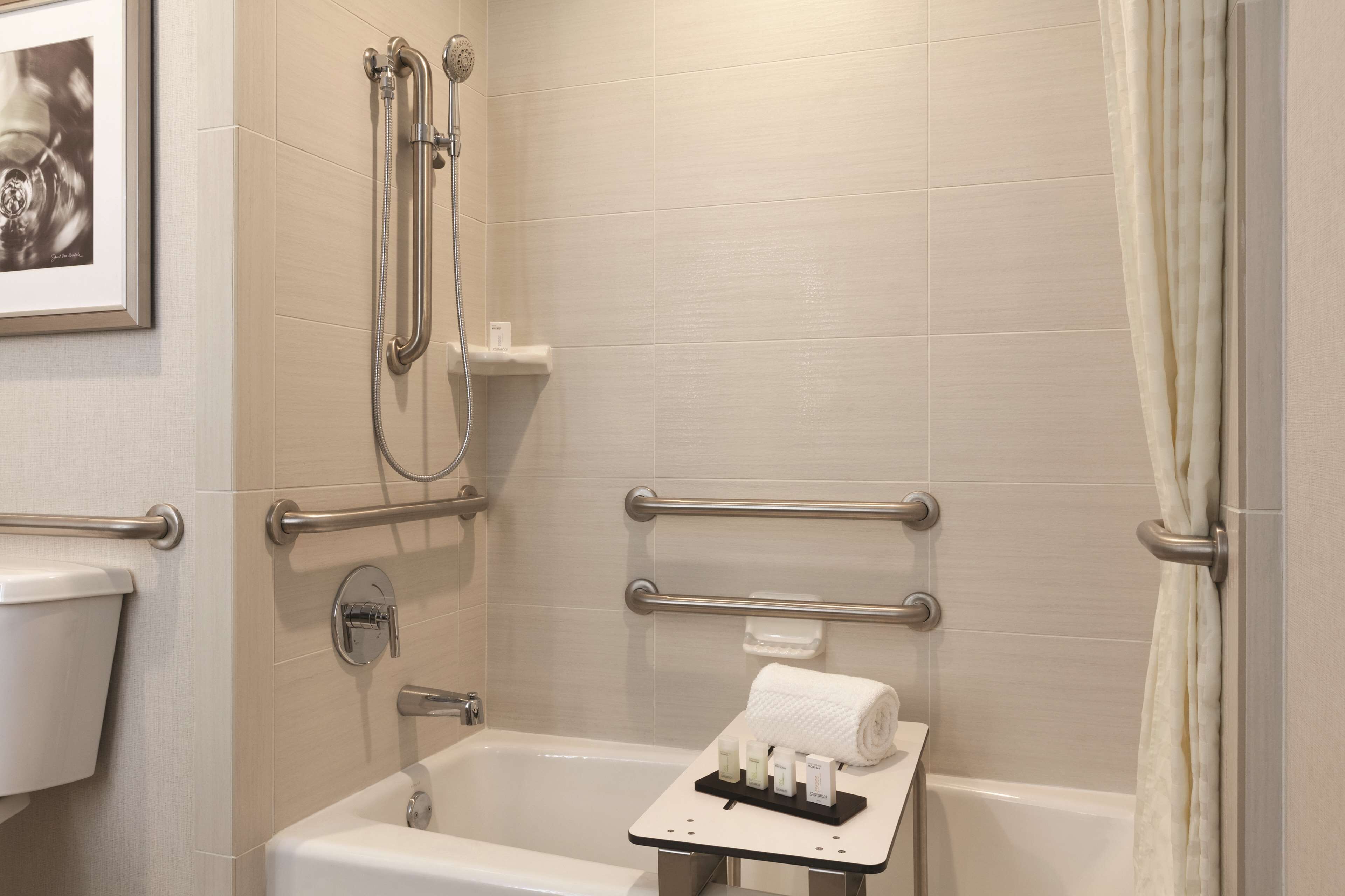 Ein Badezimmer mit Badewanne, Dusche und Toilette. Es gibt Handläufe und einen Handtuchhalter.