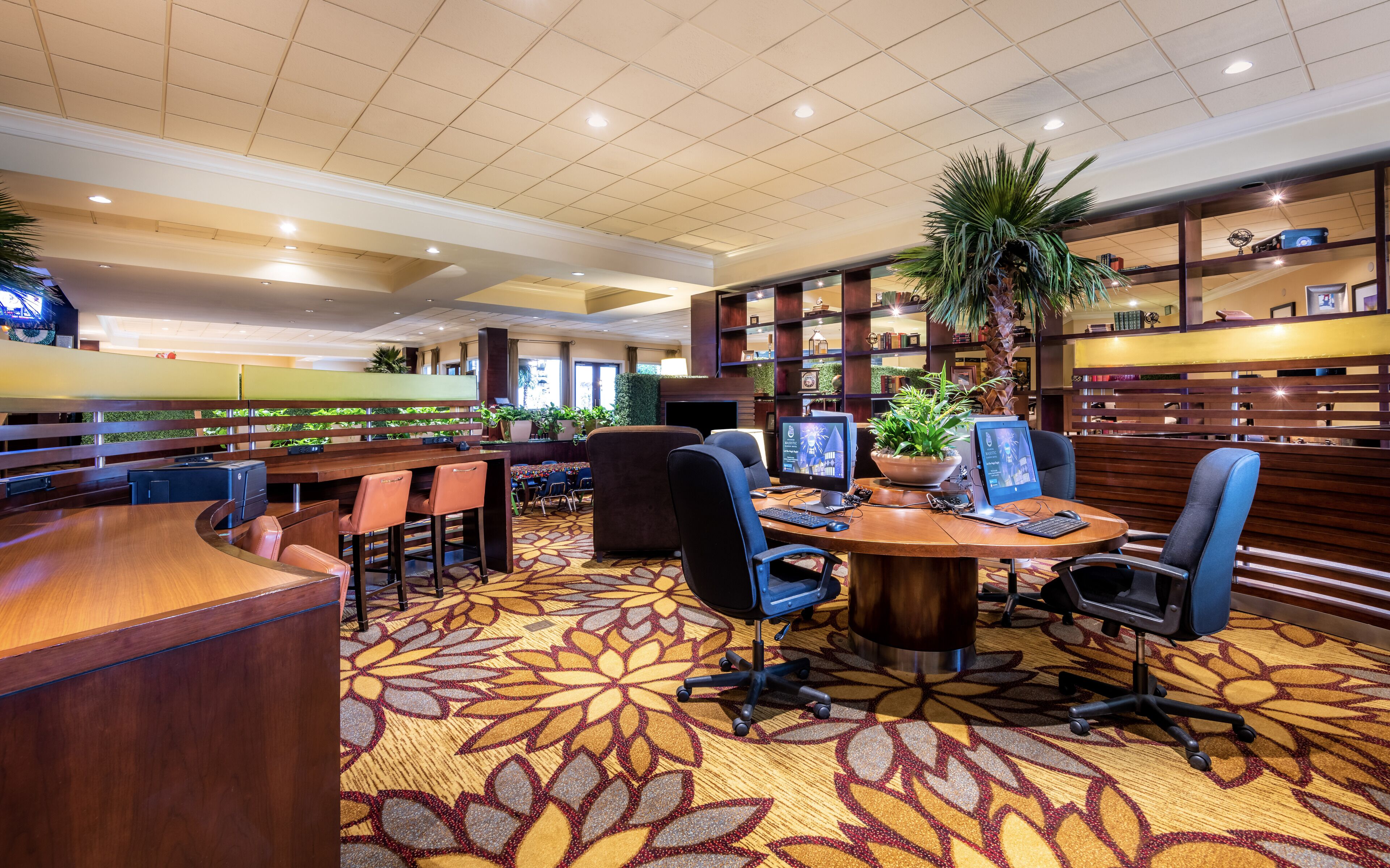 A hotel lobby with a bar area, seating, a large potted plant, and a patterned carpet.