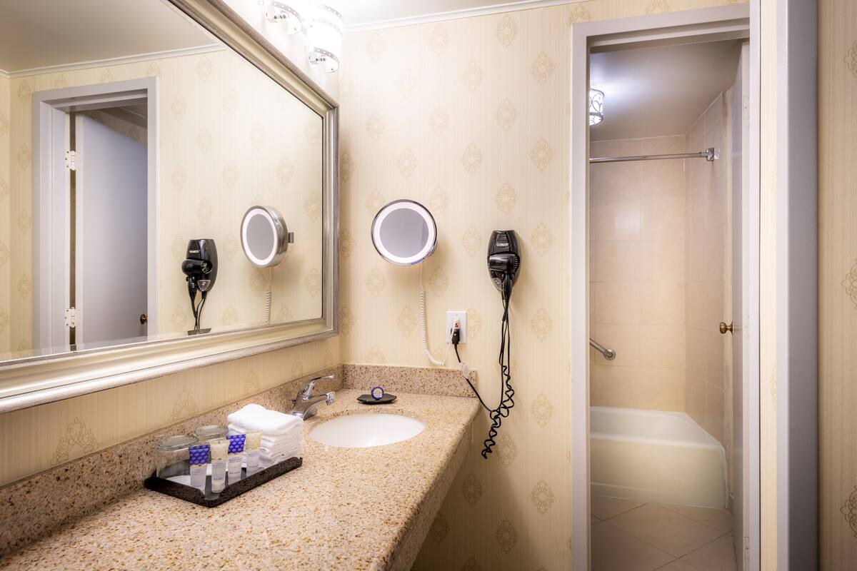 combined shower/bathtub, hair dryer, towels, soap