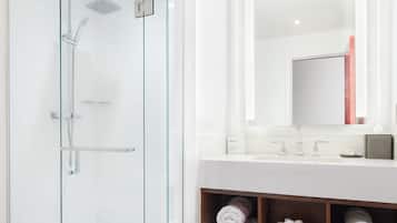 Rainfall showerhead, designer toiletries, hair dryer, bathrobes