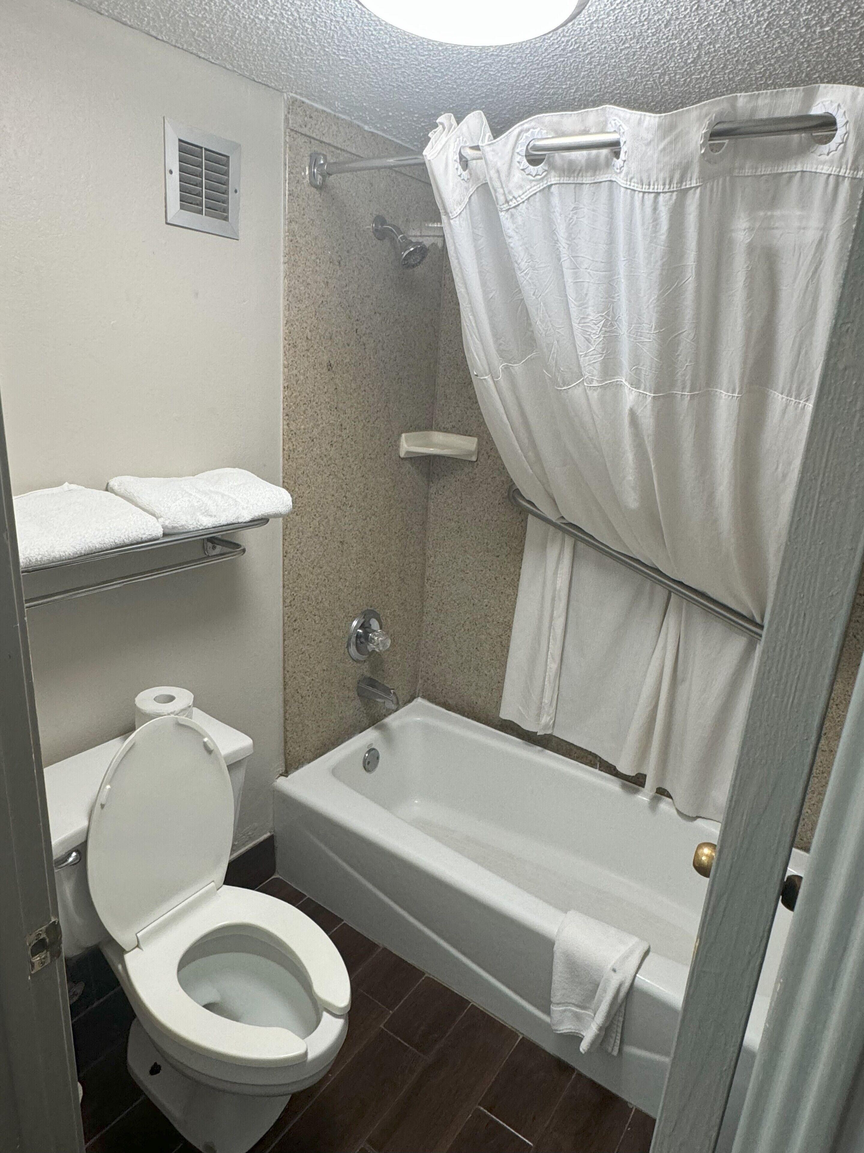 Een badkamer met een toilet, een douche en een bad.