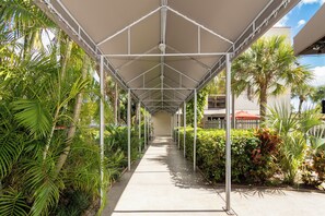 A covered walkway with metal railings, surrounded by lush greenery and palm trees. - Red Roof Inn PLUS+ Miami Airport (Miami)