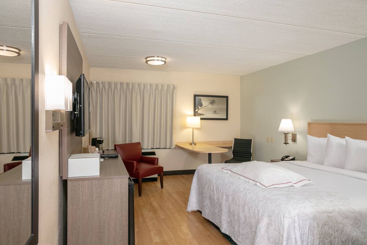 A hotel room with a bed, a desk, a chair, a television, a lamp, and a framed picture on the wall.