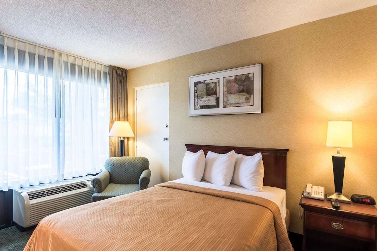 Quarto de hotel com uma cama, uma cadeira, uma escrivaninha com abajur, telefone e um quadro na parede.