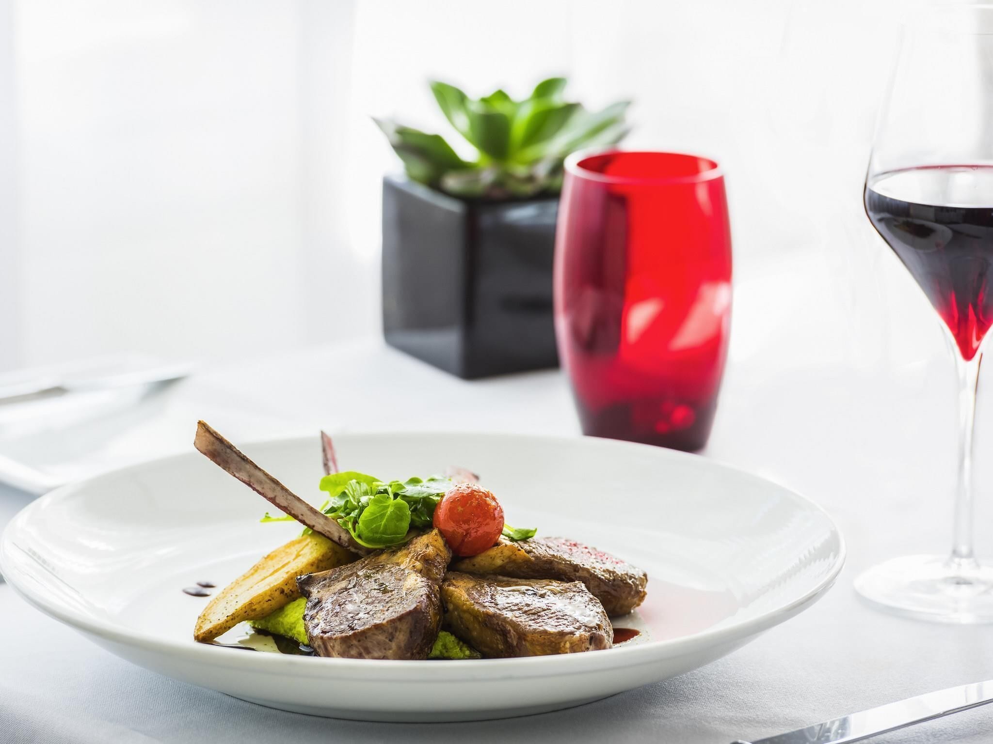 A plate of food with a glass of red wine and a plant in the background.