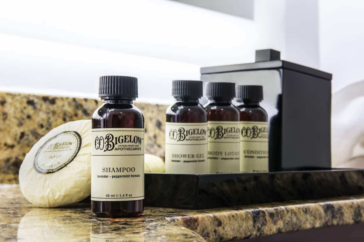 combined shower/bathtub, designer toiletries, hair dryer, slippers