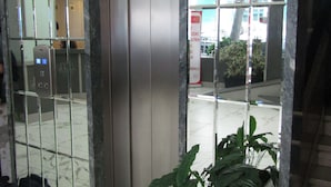 An elevator with a marble wall and a potted plant nearby.