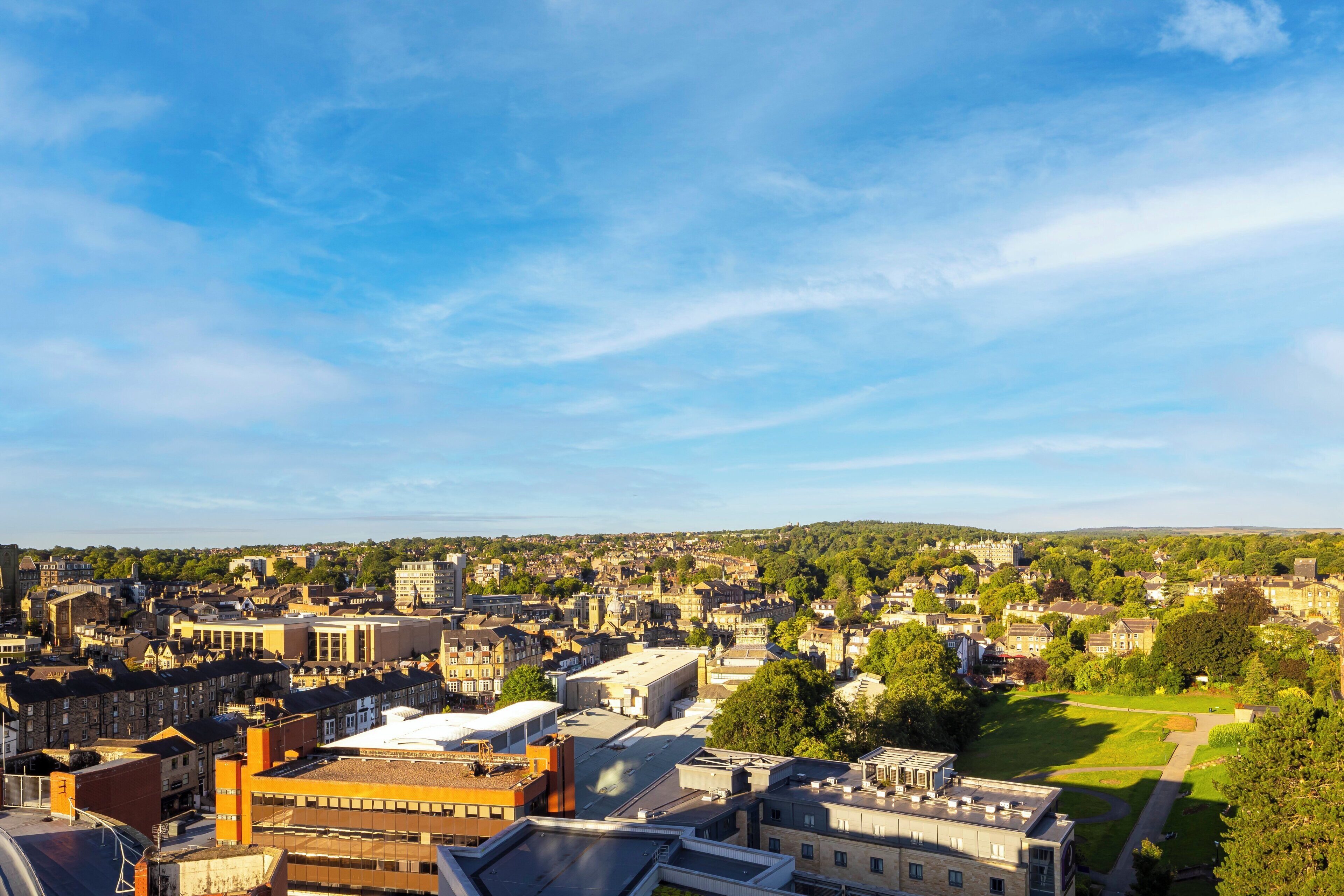 A cityscape with a mix of residential and commercial buildings, a large open green space, and a clear sky.