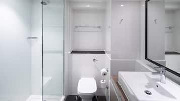 A modern bathroom with a glass shower enclosure, a toilet, and a sink with a mirror.