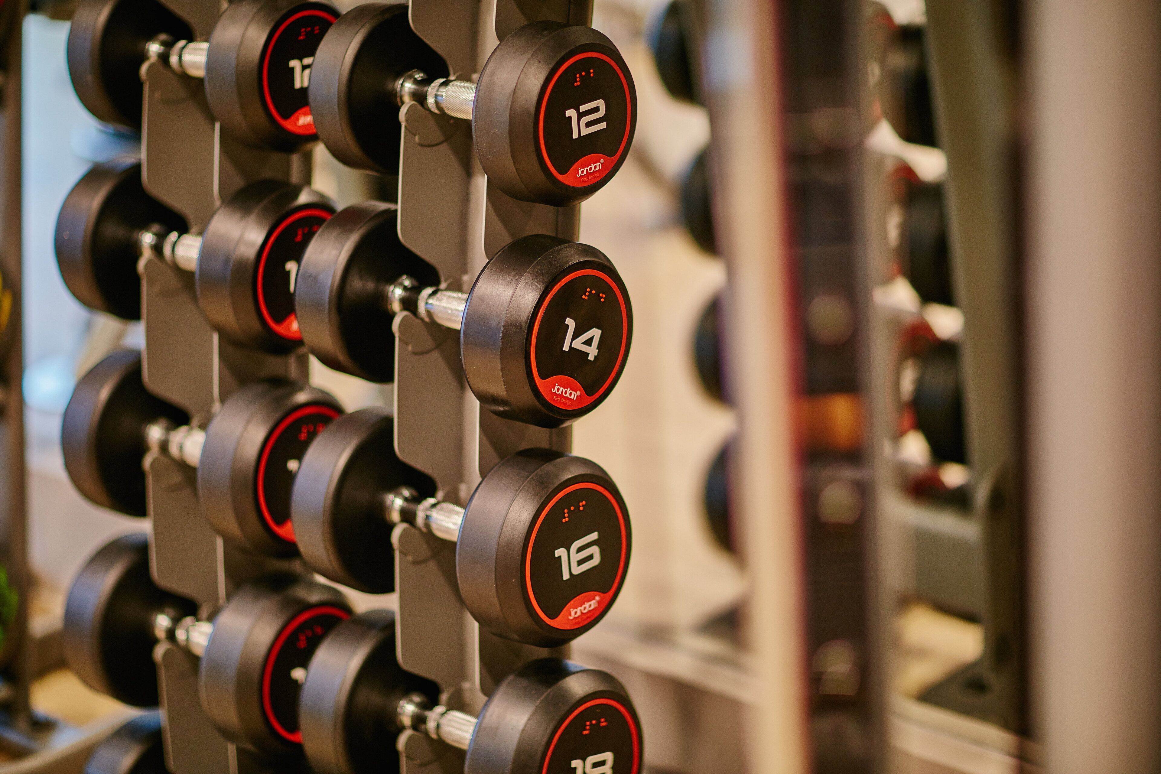 A rack of adjustable dumbbells with weight markings.