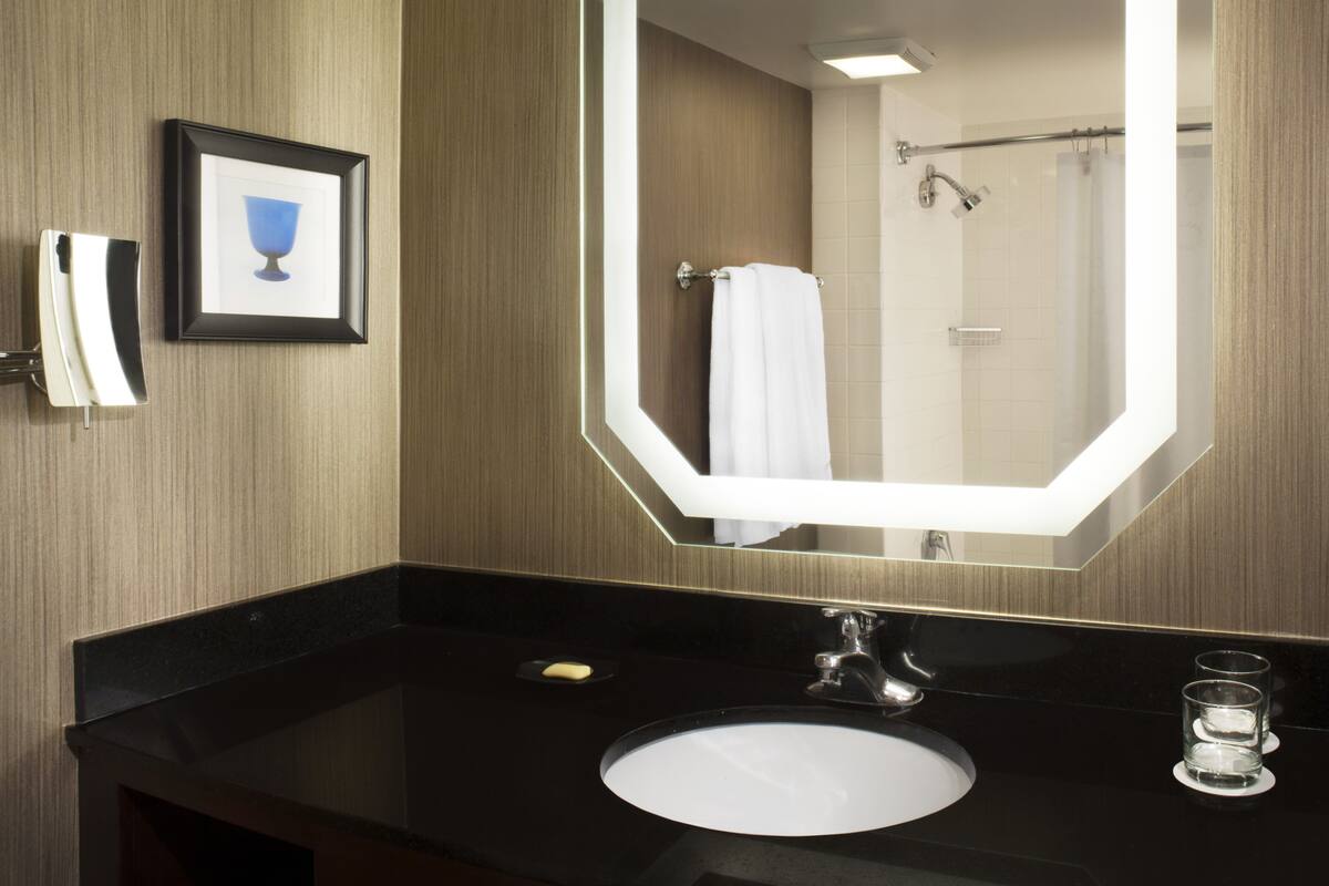 A modern bathroom with a large mirror, a black countertop, a white sink, and a framed picture on the wall.