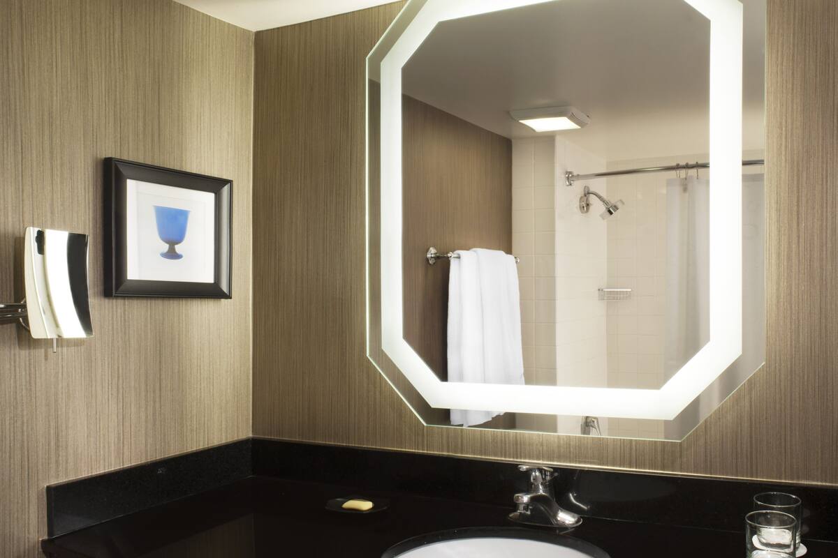 combined shower/bathtub, free toiletries, towels