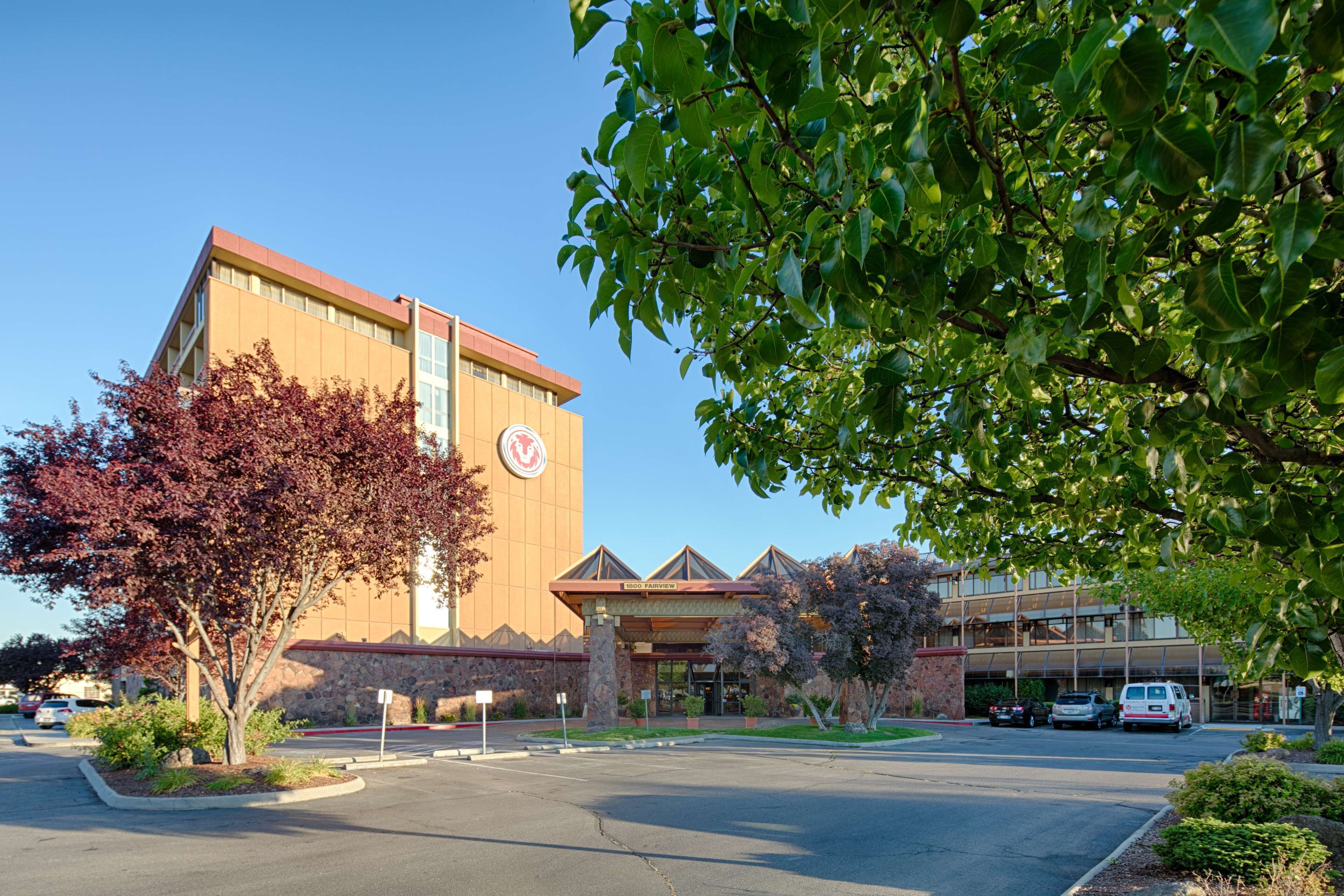 Un hotel con un grande edificio, un parcheggio e un albero sullo sfondo.
