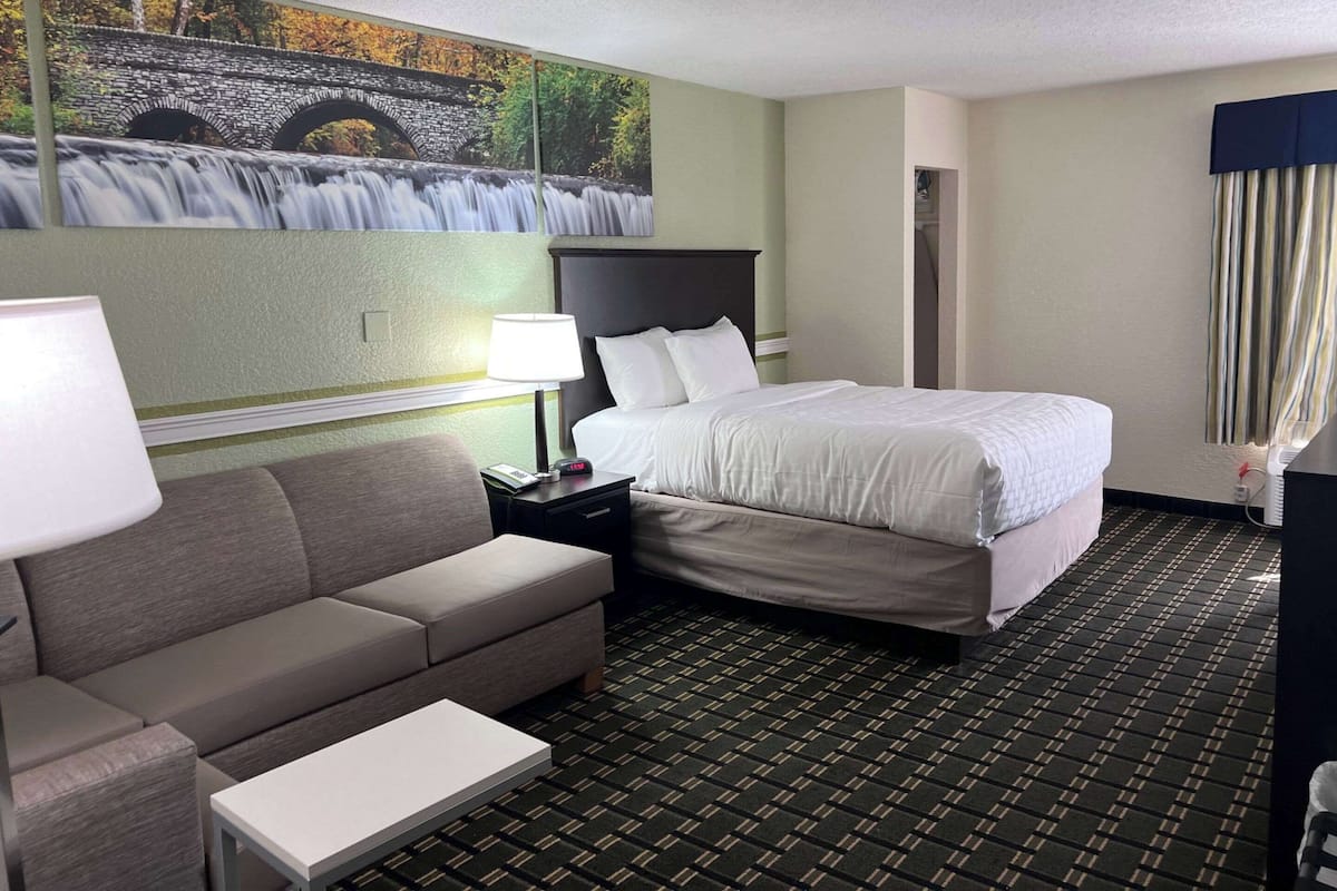 A hotel room with a bed, a sofa, a nightstand, a lamp, and a painting of a waterfall on the wall.