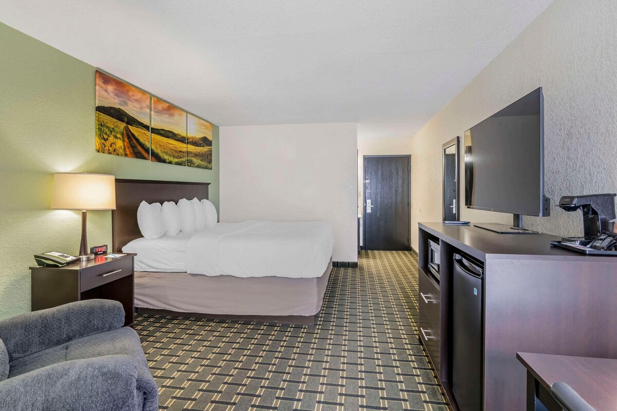A hotel room with a bed, a desk with a computer, a TV, and a painting on the wall.
