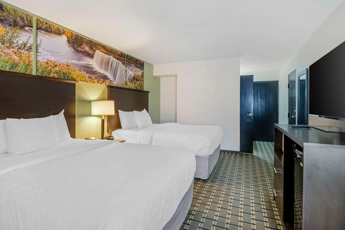 Hypo-allergenic bedding, in-room safe, laptop workspace