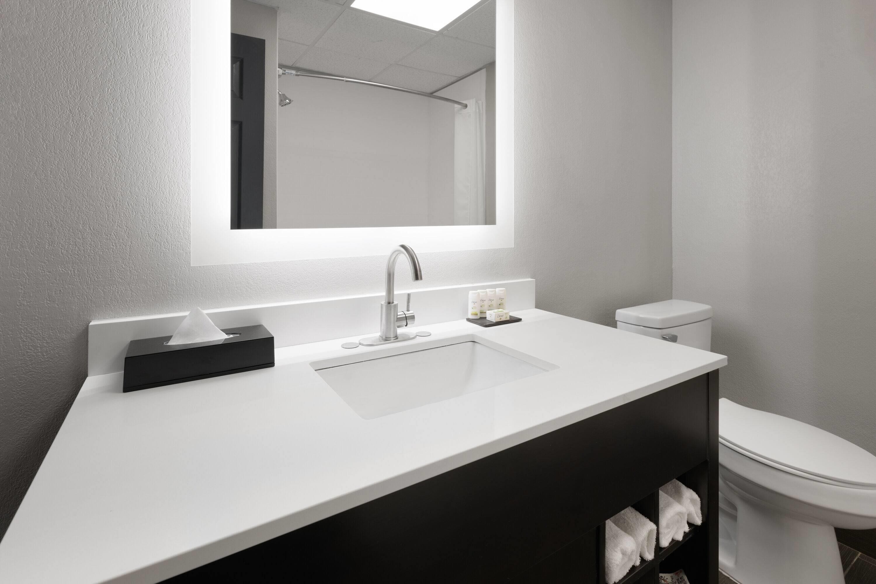 A modern bathroom with a white sink, a mirror, and a toilet.