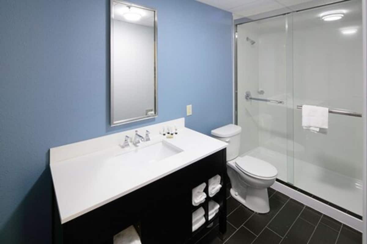 Hair dryer, towels, soap, shampoo