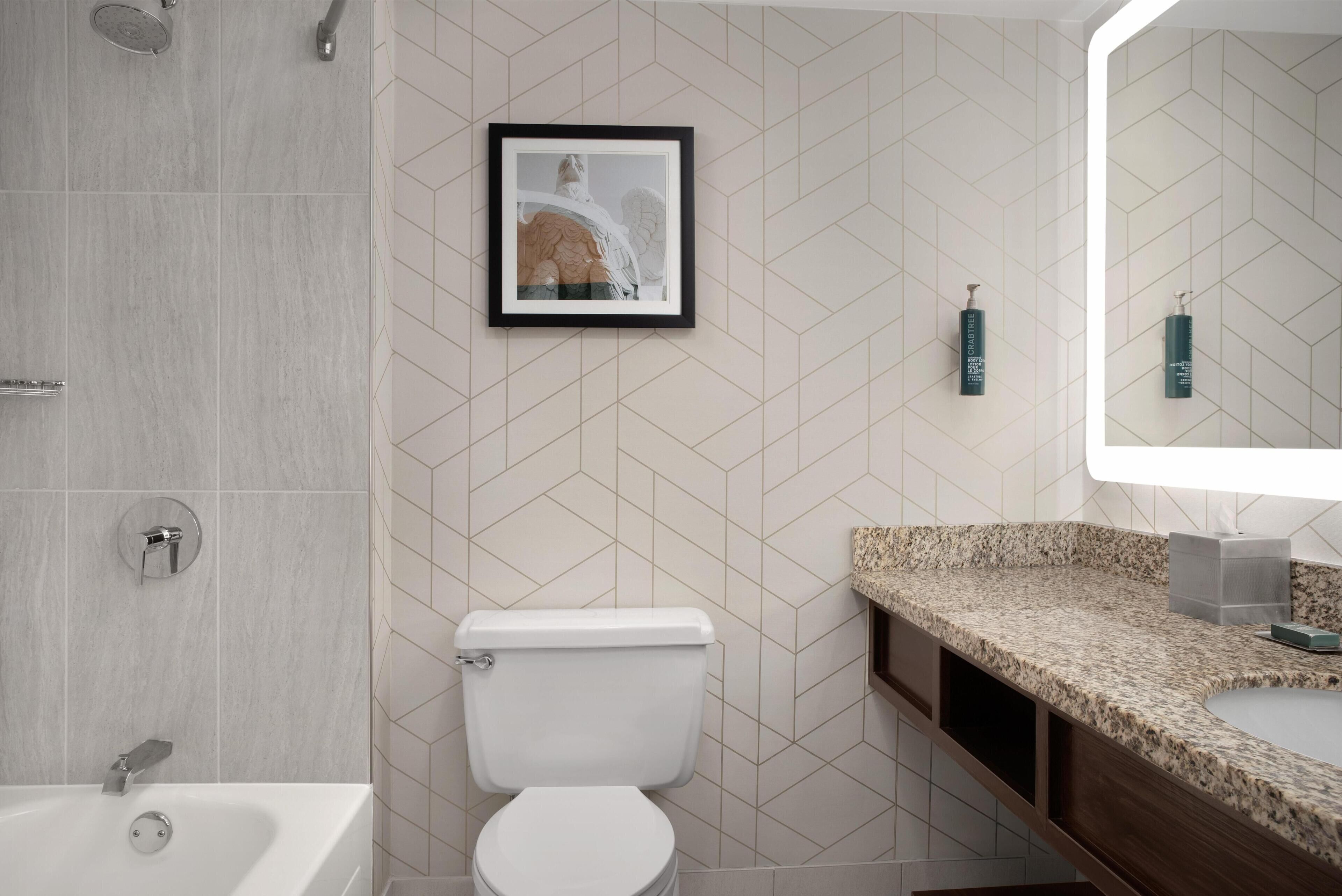 A modern bathroom with a white toilet, a framed picture on the wall, and a granite countertop.