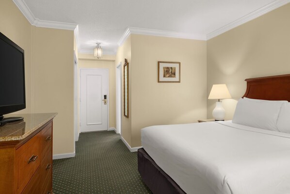 Une chambre d’hôtel avec un lit, un téléviseur posé sur une commode, une porte, un tableau encadré au mur et une lampe sur la table de chevet.