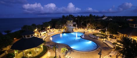 Outdoor pool, pool umbrellas, pool loungers