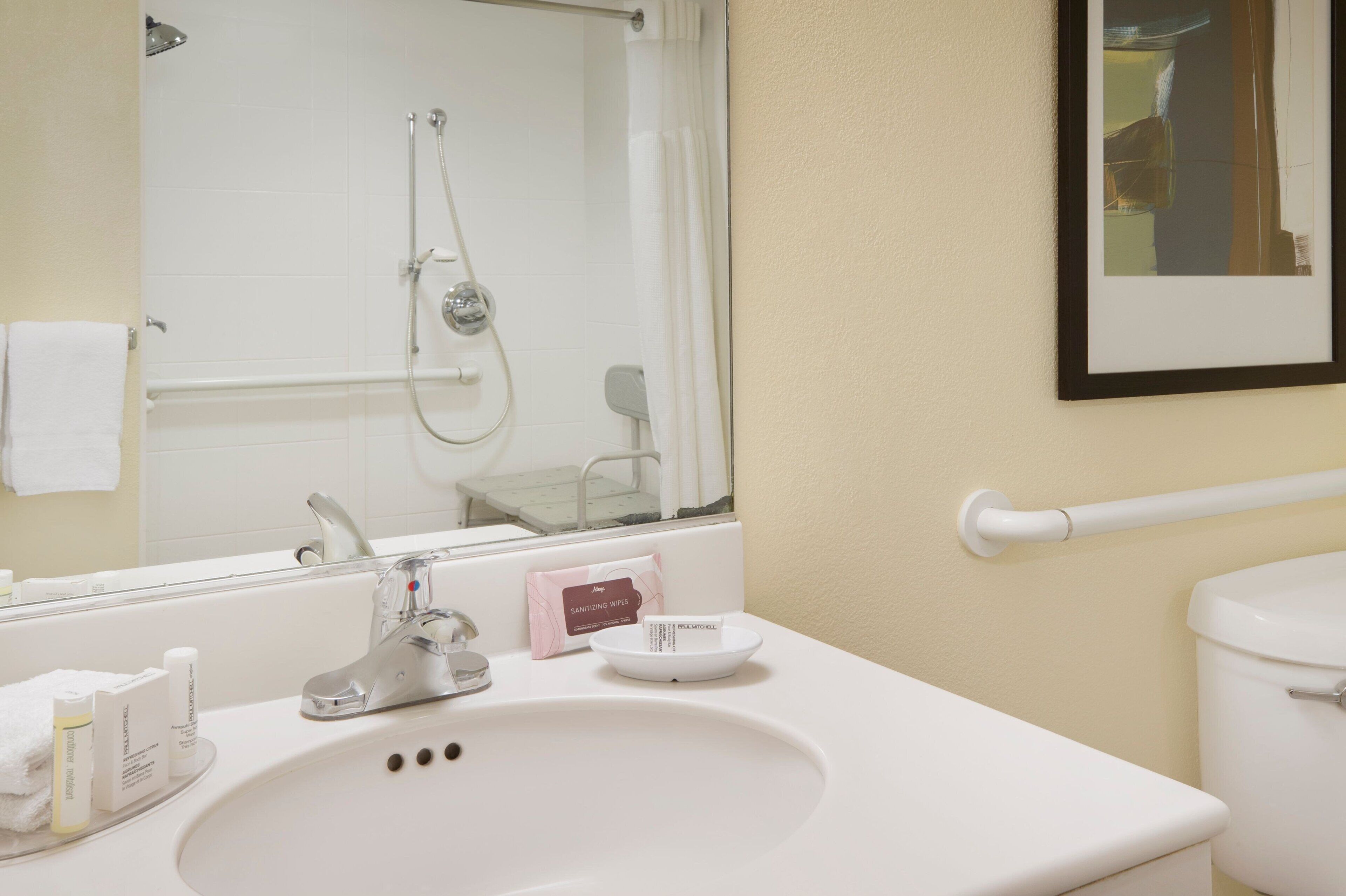 combined shower/bathtub, free toiletries, hair dryer, towels