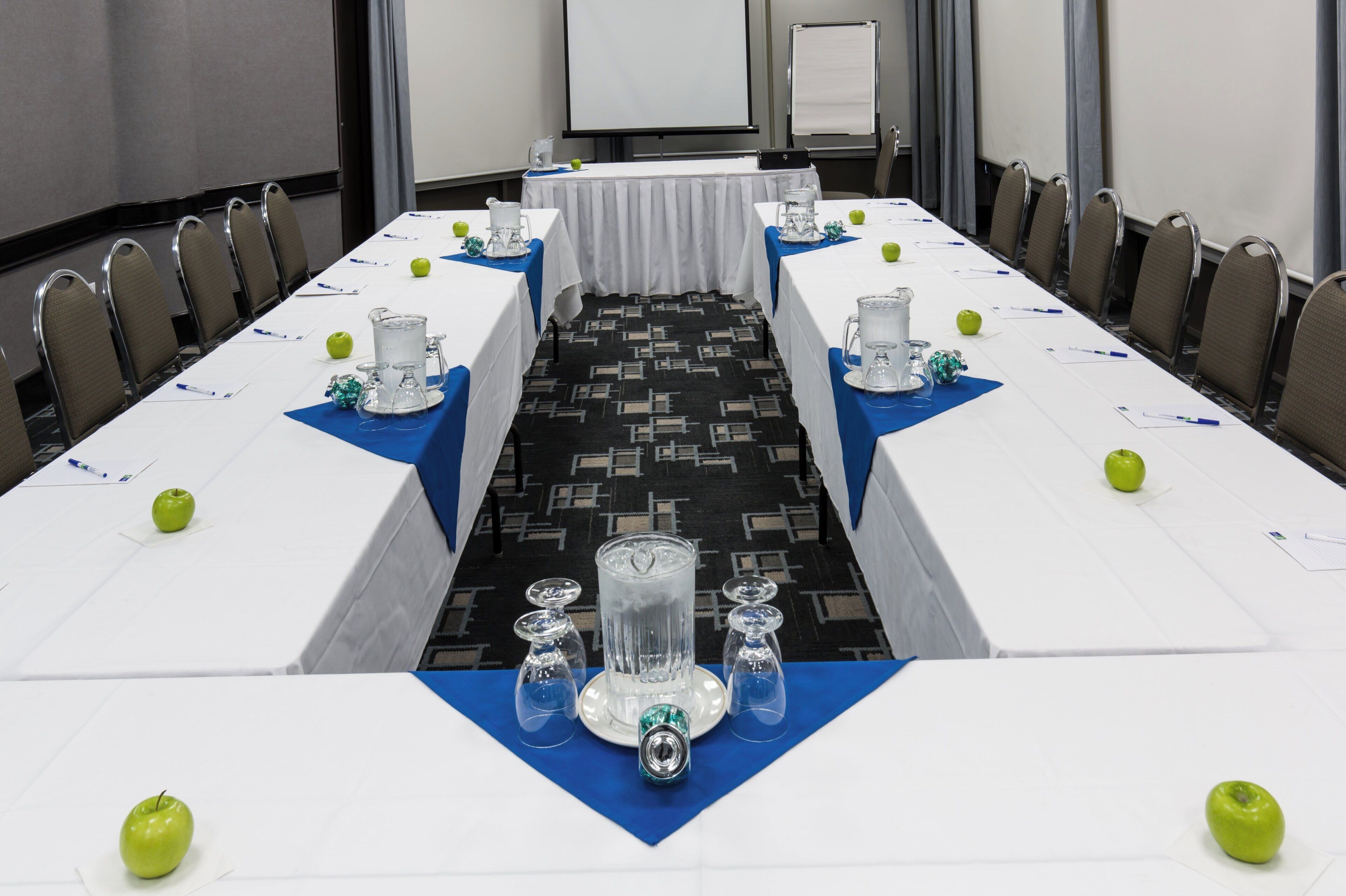 Un salón de conferencias con una larga mesa, sillas y una pantalla para proyector.