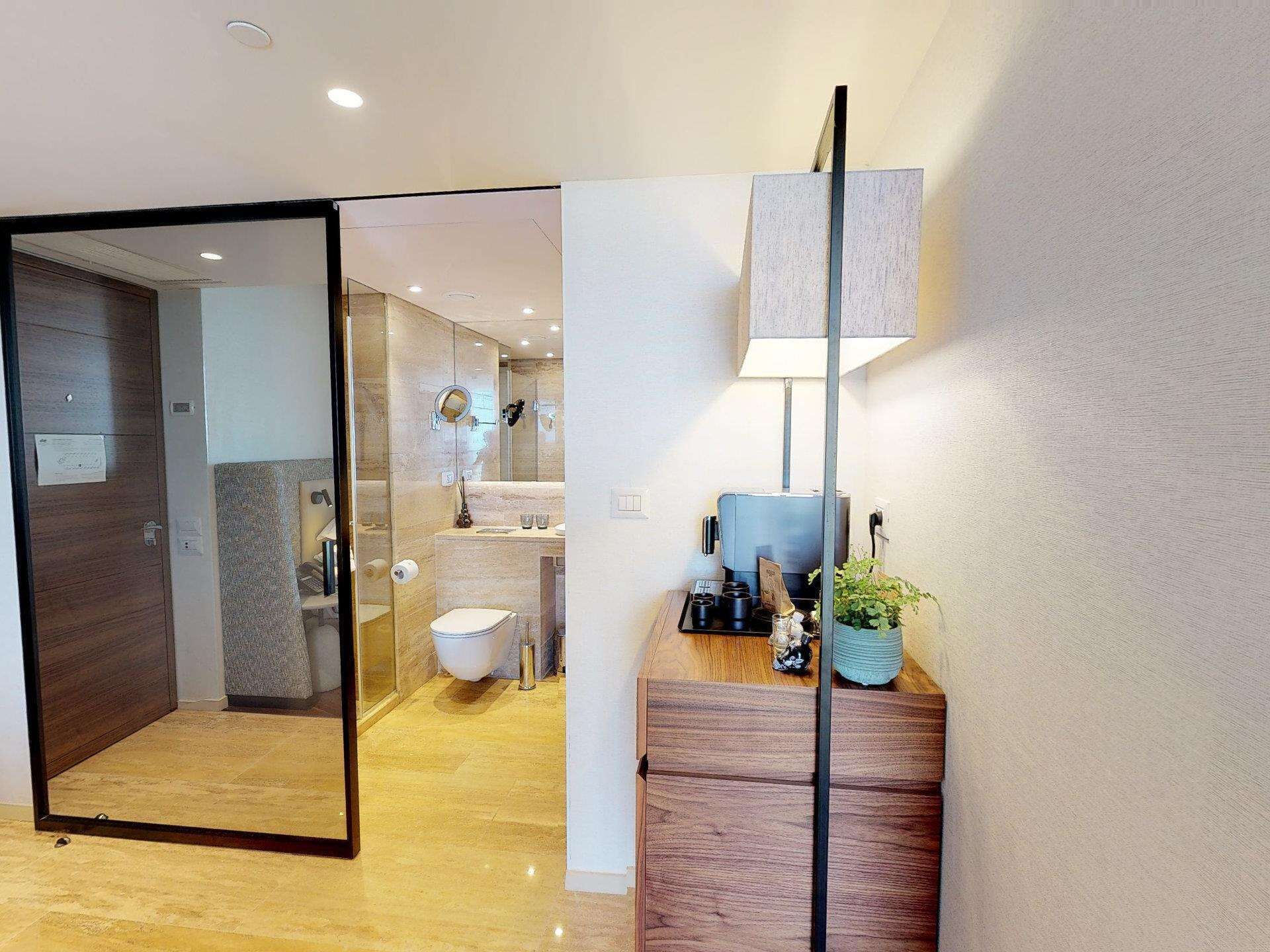 A modern bathroom with a glass shower enclosure, a wooden vanity with a mirror, and a small plant.
