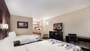 Una habitación de hotel con dos camas, televisión, escritorio y una silla.