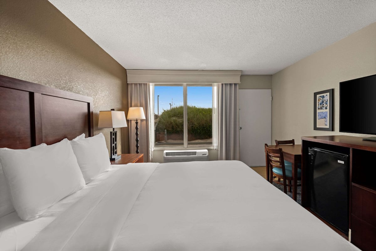 A hotel room with a large bed, a desk with a television, and a window with a view of greenery.