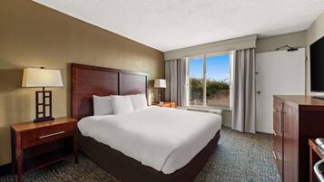 A hotel room with a large bed, a desk, a TV, and a window with curtains.