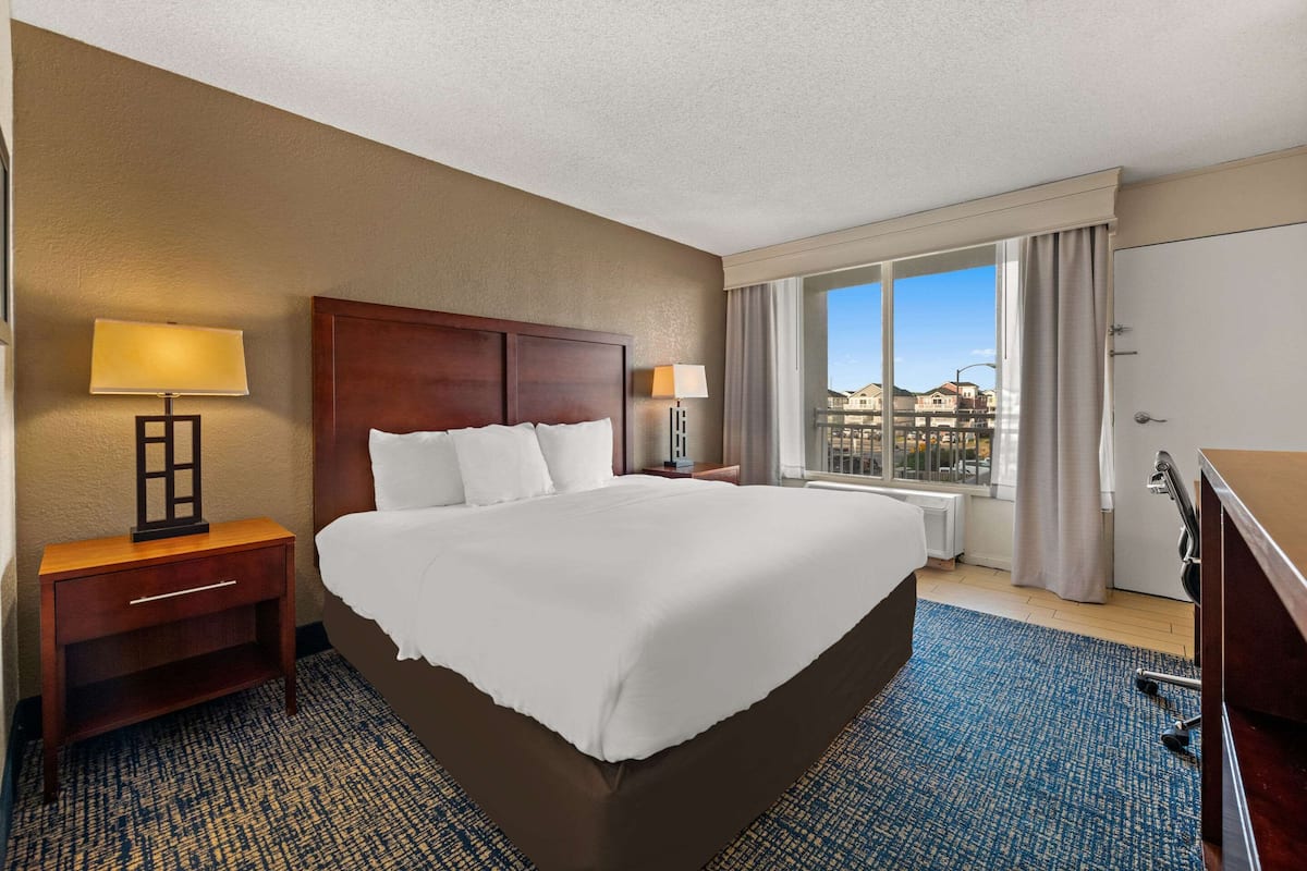 A hotel room with a large bed, two bedside tables with lamps, a dresser, a large window with curtains, and a view of buildings outside.