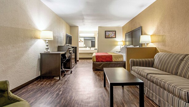 Una camera d'albergo con un letto, un divano, una scrivania, una sedia, una TV e una lampada.